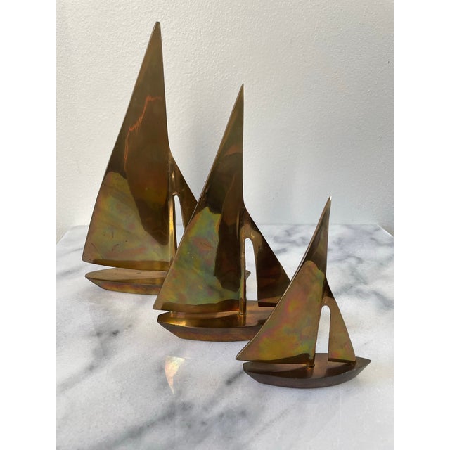 Nautical Vintage Collection of Brass Sailboat Figurines- Set of 3 For Sale - Image 3 of 7