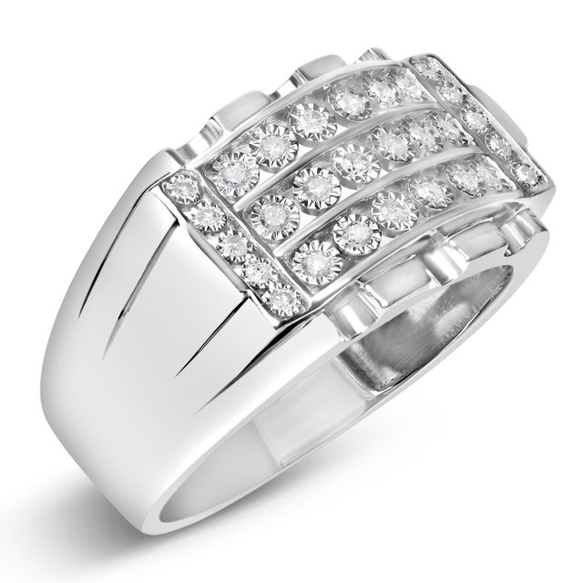 Contemporary .925 Sterling Silver 1/4 Cttw Diamond Three Row Channel Band Ring (I-J Color, I3 Clarity) - Size 10 For Sale - Image 3 of 7