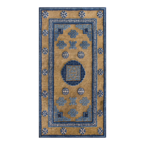 Marvelous Camel and Blue Cerulean Border Color With Geometric Design Antique Chinese Baotou Rug