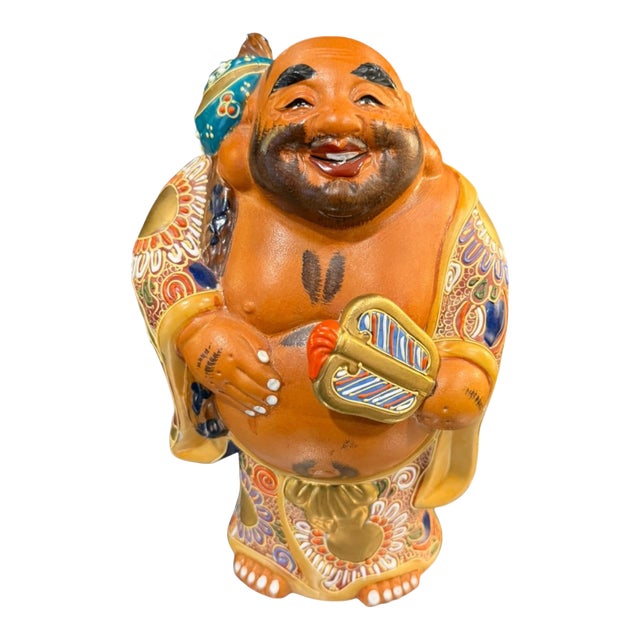 Vintage Japanese Kutani Hotei Laughing Buddha Moriage Gilt Figurine 9.25" For Sale