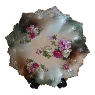 Antique Mz Austria Rose Porcelain Plate, Scalloped Gold Rim, Green Floral Cabinet Plate, Moritz Zdekauer, Circa 1900 For Sale