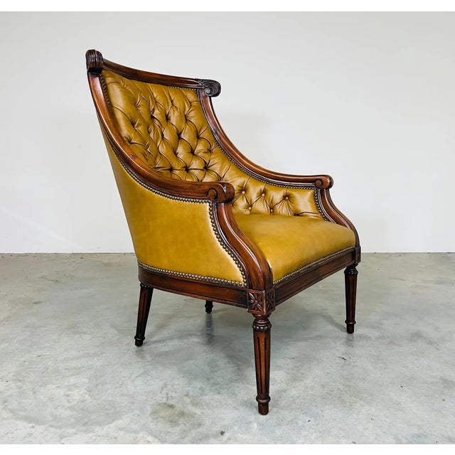 Old Hickory Furniture Co. Louis XVI Style Tufted Golden Cognac Leather Lounge Chair by Old Hickory Tannery For Sale - Image 4 of 12