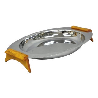 Vintage Art Deco Stainless Steel Glo-Hill Gourmates Butterscotch Bakelite Tray For Sale