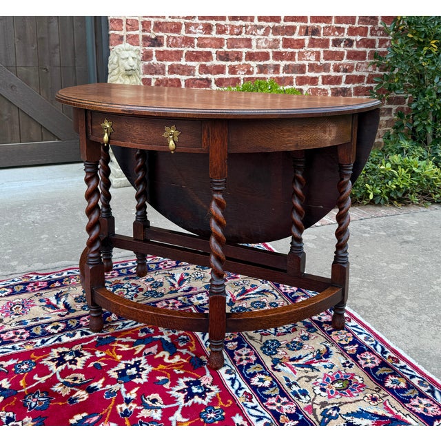CHARMING and UNIQUE Antique English Honey Oak Demilune Drop Side Gateleg Table with Drawer~~Barley Twist Legs~~ROUND When...