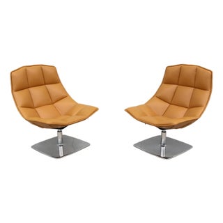 Mid-Century Knoll Jehs+Laub Swivel Lounge Chairs in Tan Leather - A Pair, 2022 For Sale