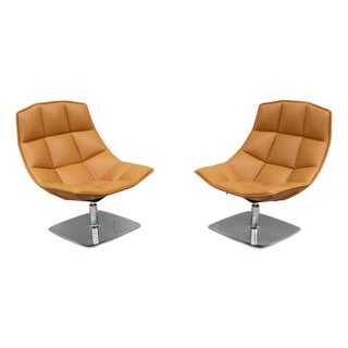 Modern Contemporary Knoll Jehs+Laub Swivel Lounge Chairs in Tan Leather - A Pair For Sale