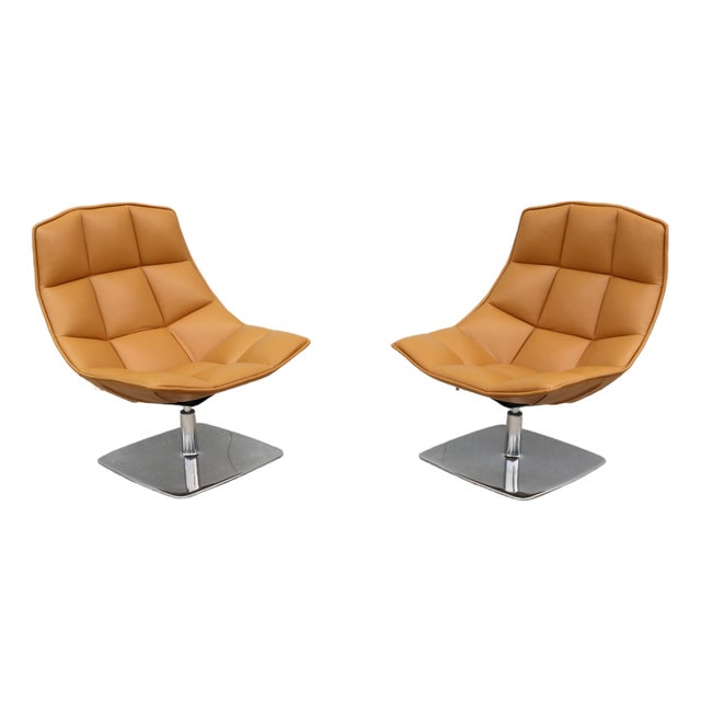 Modern Contemporary Knoll Jehs+Laub Swivel Lounge Chairs in Tan Leather - A Pair For Sale