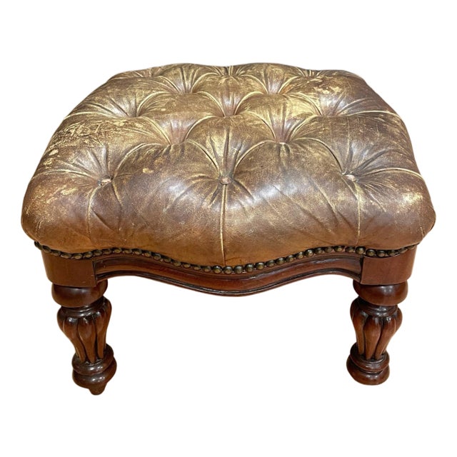 Early 20th Century English Victorian Leather Tufted Footstool For Sale