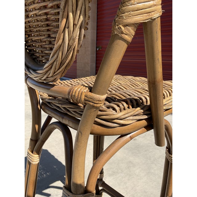French Pair of Vintage French Bistro Bar Stools With Oval Medallion Backs in Honey Woven Rattan For Sale - Image 3 of 12