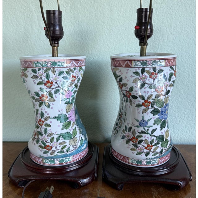 Asian Mid 20th Century Pair of Asian Floral Motif Pottery Lamps For Sale - Image 3 of 10