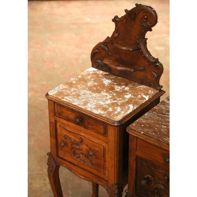 Pair of Early 20th Century French Louis XV Walnut Marble-Top Bedside Tables For Sale - Image 9 of 10