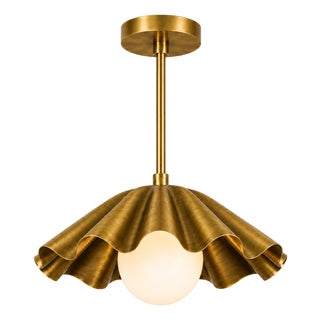 Scalloped Brass Pendant Light, Handcrafted Solid Brass Scalloped Pendant With Opal Glass Globe For Sale