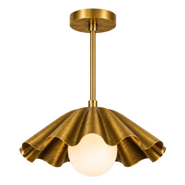 Scalloped Brass Pendant Light, Handcrafted Solid Brass Scalloped Pendant With Opal Glass Globe For Sale