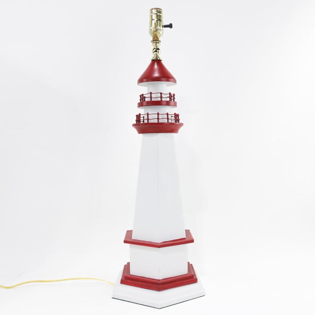 Early 21st Century Pair of Vintage Red and White Nautical Lighthouse Table Lamp For Sale - Image 5 of 9