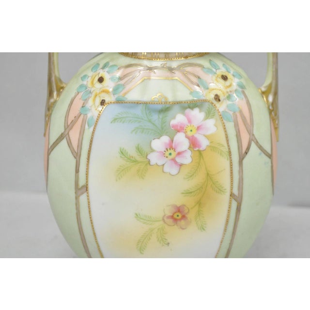 Green Antique Nippon Art Nouveau Hand Painted Porcelain Pink Flower Twin Handle Vase For Sale - Image 8 of 14