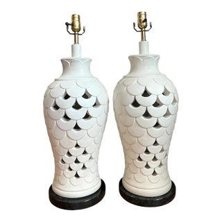 Vintage Scalloped Ceramic Table Lamps - a Pair For Sale