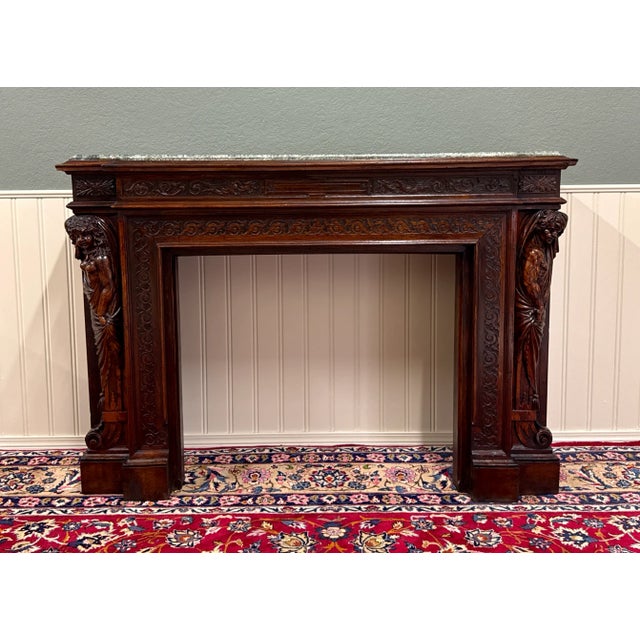 Antique French Fireplace Mantel Surround Marble Top Renaissance Revival Oak 19c For Sale - Image 9 of 18