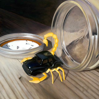 Who's Driving This Thing? by Josh Talbott | Acrylic on Canvas Black car with a yellow scorpion. For Sale