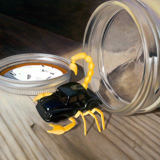 Who's Driving This Thing? by Josh Talbott | Acrylic on Canvas Black car with a yellow scorpion. For Sale