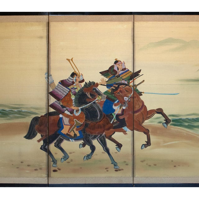 "Samurai", C. 1950s Showa Era Japanese Silk Byobu Screen For Sale - Image 4 of 18