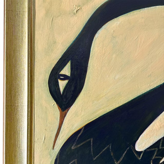 2020s Original Black Swan Painting in Brushed Gold Frame, Oil on Canvas, 21" H X 17" W by Tatiana Duperault For Sale - Image 5 of 5