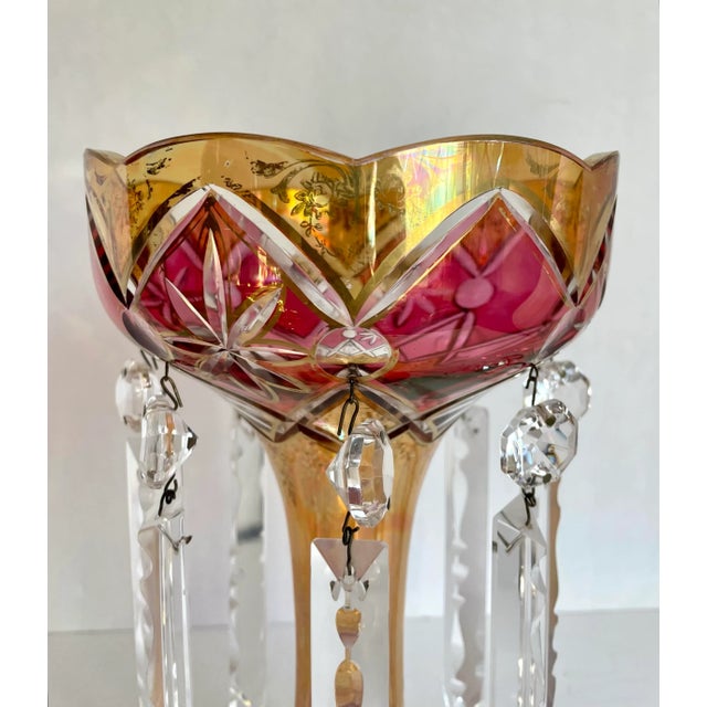 Victorian Bohemian Ruby and Amber Crystal and Glass Mantle Luster Lustre For Sale - Image 3 of 12
