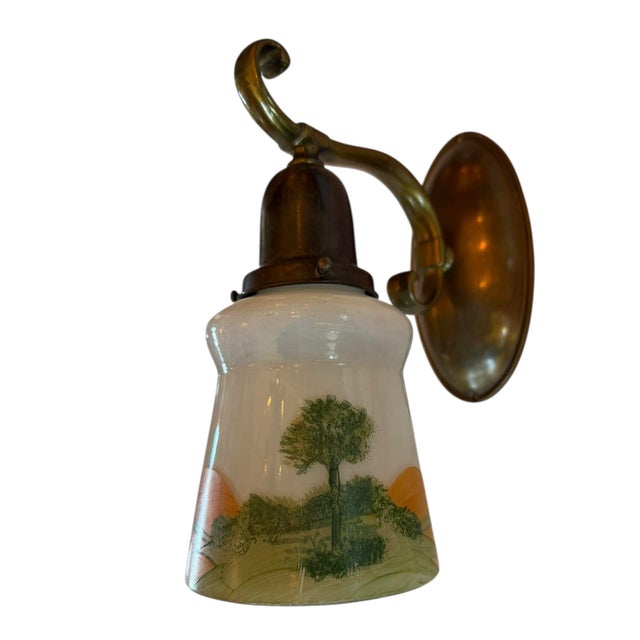 1920s Hand Painted Landscape Art Glass on Brass S Shape Armed Wall Sconce For Sale In Los Angeles - Image 6 of 6