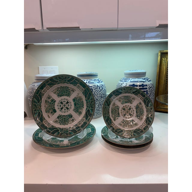 Green Fitzhugh Style Porcelain Plates Set With Gilt Rim- set of Five Classic green Fitzhugh pattern porcelain plates with...