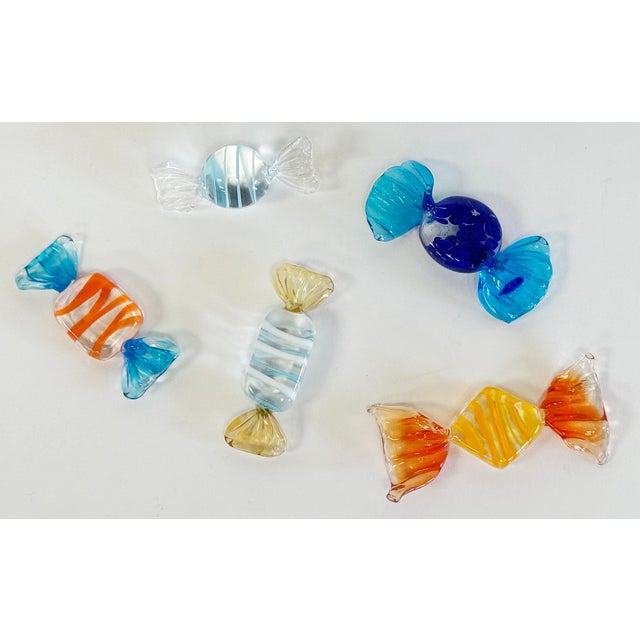 Vintage set of five (5) colorful blown glass wrap candies in a rich variety of shapes and colors. Age wear. No chips or...
