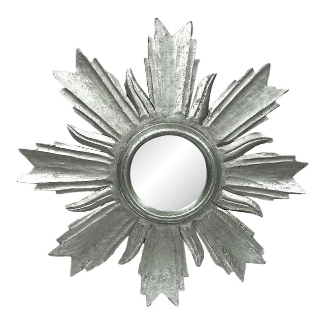 Silver Wooden Sunburst Mirror For Sale