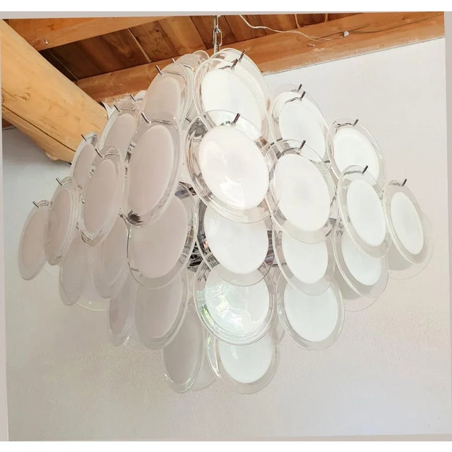 White Mid Century Modern Murano White Disc Chandelier 1980s For Sale - Image 8 of 11