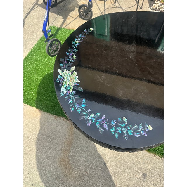 Wood 1970s Asian Black Lacquered Coffee Table With Mother of Pearl Accents For Sale - Image 7 of 7