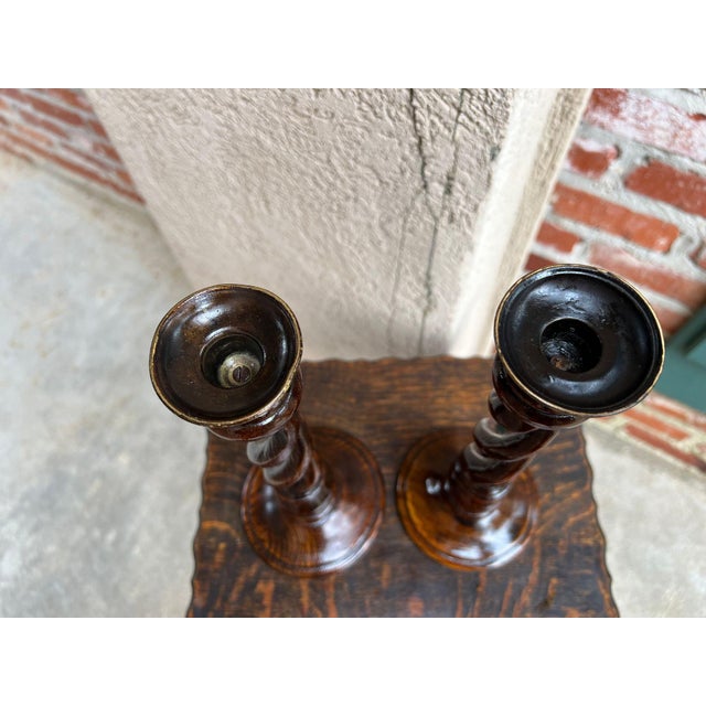 Antique English Oak Open Barley Twist Candlesticks Jacobean Pair C1860 12.5” For Sale - Image 11 of 18