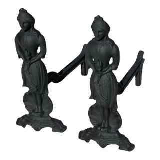 Antique Pair of Figural French Napolean III Period Black Cast Iron Fireplace Andirons, Circa 1860s For Sale