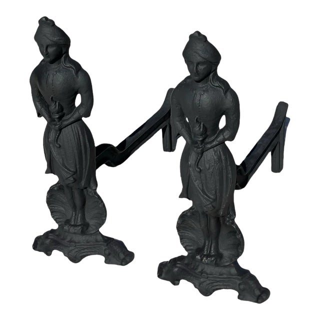 Antique Pair of Figural French Napolean III Period Black Cast Iron Fireplace Andirons, Circa 1860s For Sale