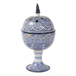 Large Moroccan Blue & White Ceramic Urn With Pierced Lid, Early 20th C. For Sale