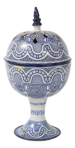 Large Moroccan Blue & White Ceramic Urn With Pierced Lid, Early 20th C.