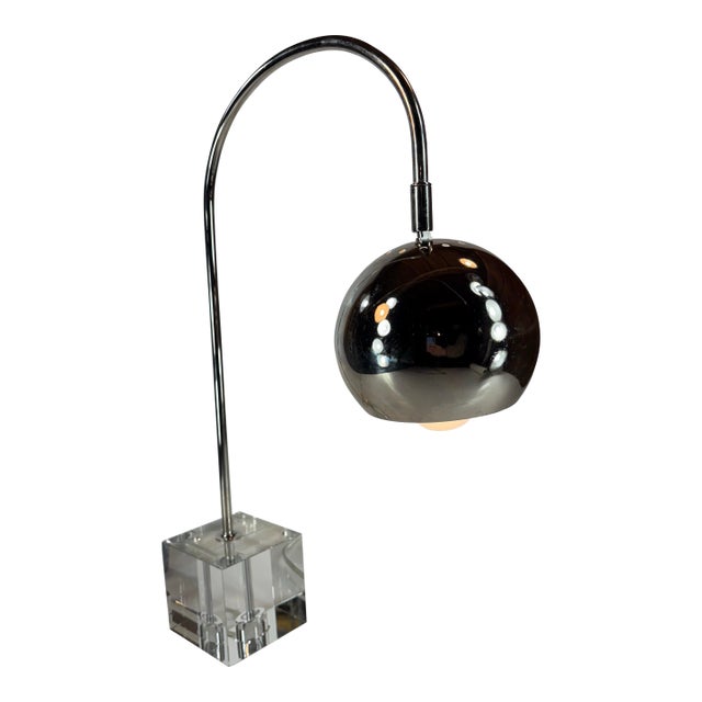 Vintage Art Deco Style Space Age Chrome Ball Lamp, Gooseneck, Glass Cube Base, Adjustable For Sale