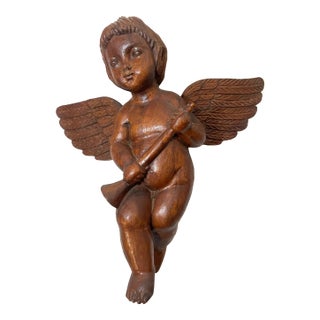 Antique 1800's Hand Carved Wood Religious Winged Cherub Cupid Sculpture Statue For Sale