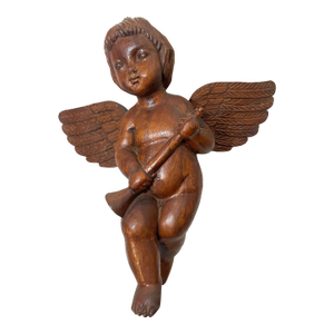 Antique 1800's Hand Carved Wood Religious Winged Cherub Cupid Sculpture Statue