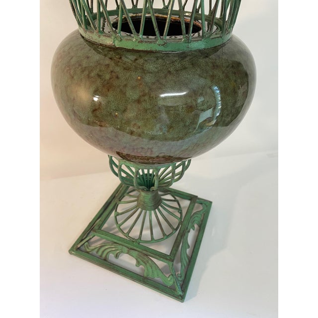 1980s Vintage 1980s Wrought Iron and Ceramic Decorative Urn Planter Cachepot For Sale - Image 5 of 17