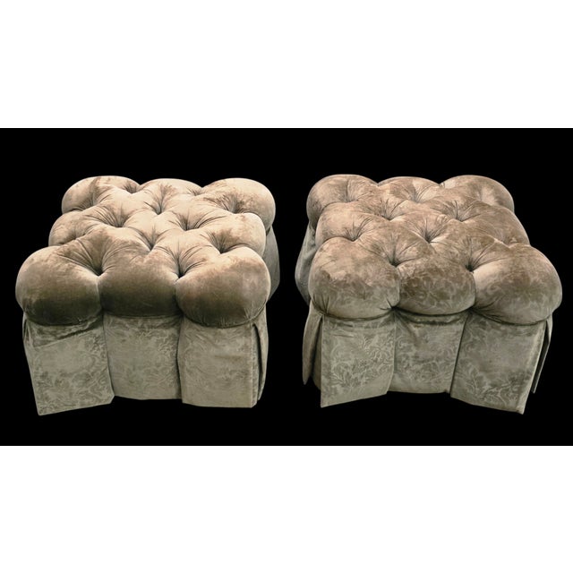 This Pair of Tufted Faded Olive Velvet Skirted Ottomans on Casters is sophisticated and elegant in the Hollywood...
