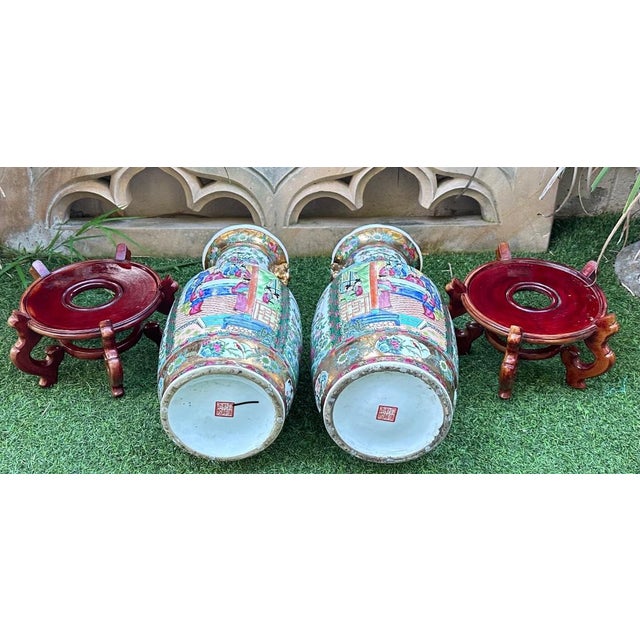 Pair of Large Antique Famille Rose Medallion Chinese Vases With Rosewood Stands For Sale - Image 18 of 18