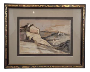 Jean Derriére, French Village, 19th Century, Watercolor on Paper, Framed