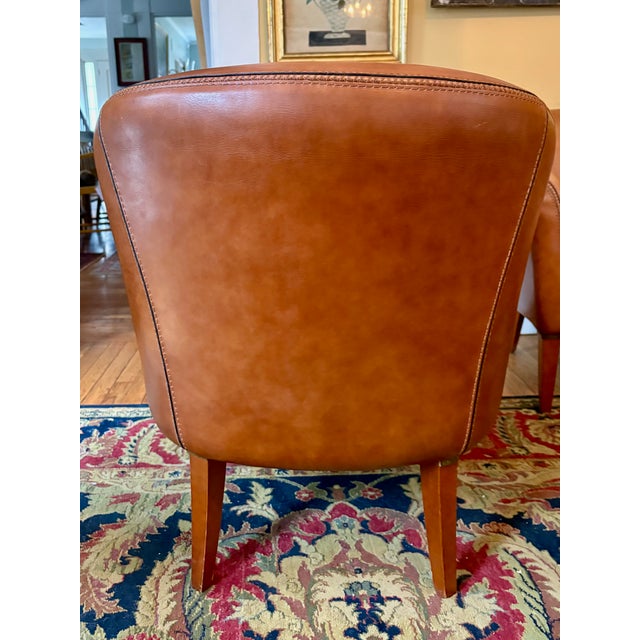 1930s Mid-Century Cognac Leather Loveseat + Pair of Barrel Chairs For Sale In Providence - Image 6 of 8