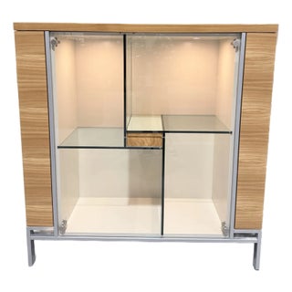 Custom Built Modern Oak Glass Display Cabinet With Metal Base For Sale