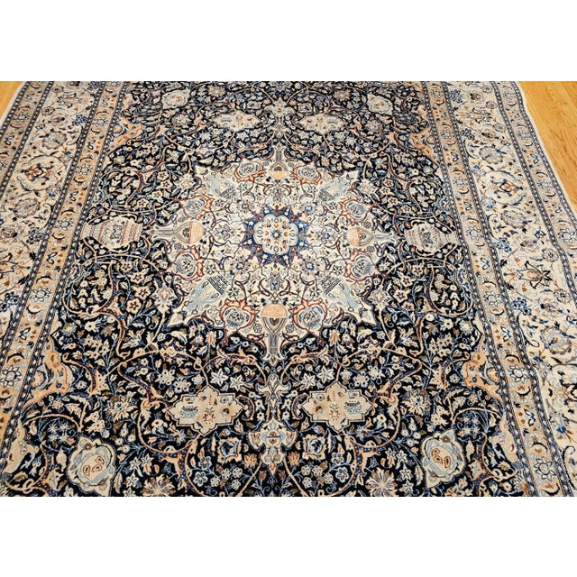 Vintage Room Size Persian Nain Rug, Handwoven Floral Pattern With Silk Highlights, Navy & Ivory , 9’ X 13’ For Sale - Image 4 of 12