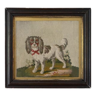Antique Victorian Folk Art Needlepoint Embroidery of a Spaniel, 19Th Century For Sale