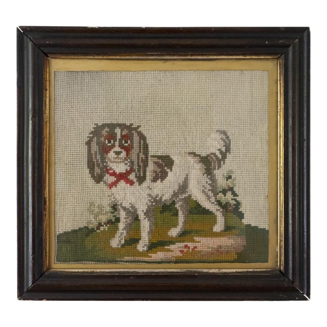 Antique Victorian Folk Art Needlepoint Embroidery of a Spaniel, 19Th Century For Sale