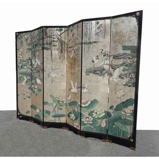 Chinese Vintage Silver Chinese Asian Six Panel Screen ~ Room Divider W Heron Birds For Sale - Image 3 of 18